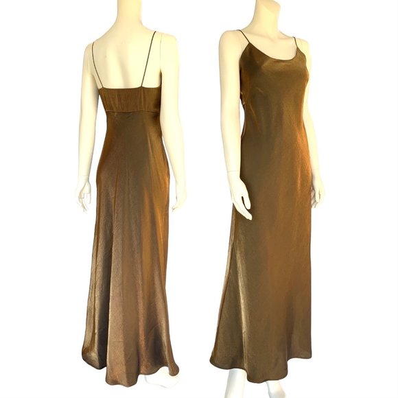 Vintage formal metallic antique gold/bronze maxi midi slip dress - Size 4